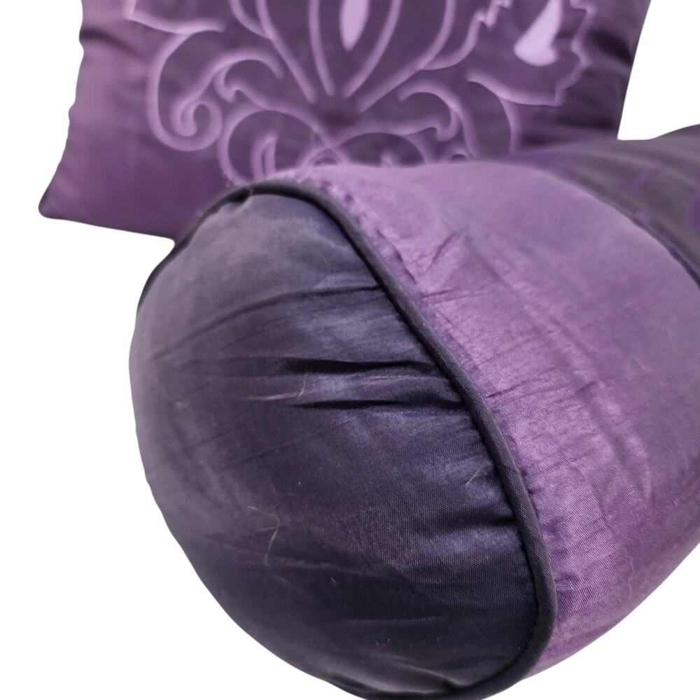 Set of 2 Purple Plum Decorative Bed Couch Pillow Square & Bolster Satin Jacquard - Picture 6 of 7